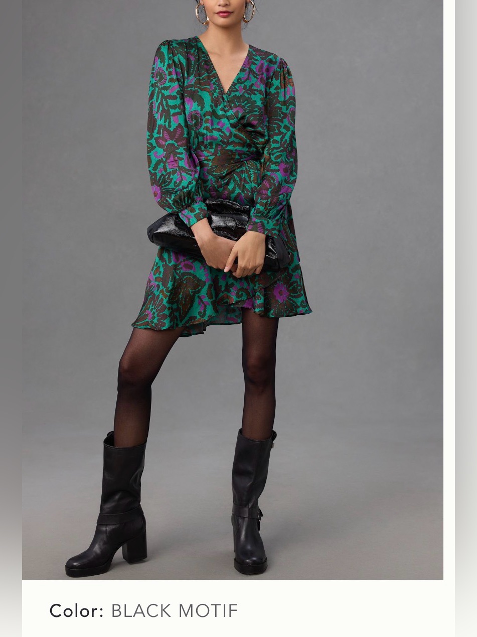 Black Motif V-Neck Long Sleeve Wrap Dress